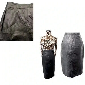 Bermans Leather Pencil Skirt Black Distressed Pockets vintage size 12 large